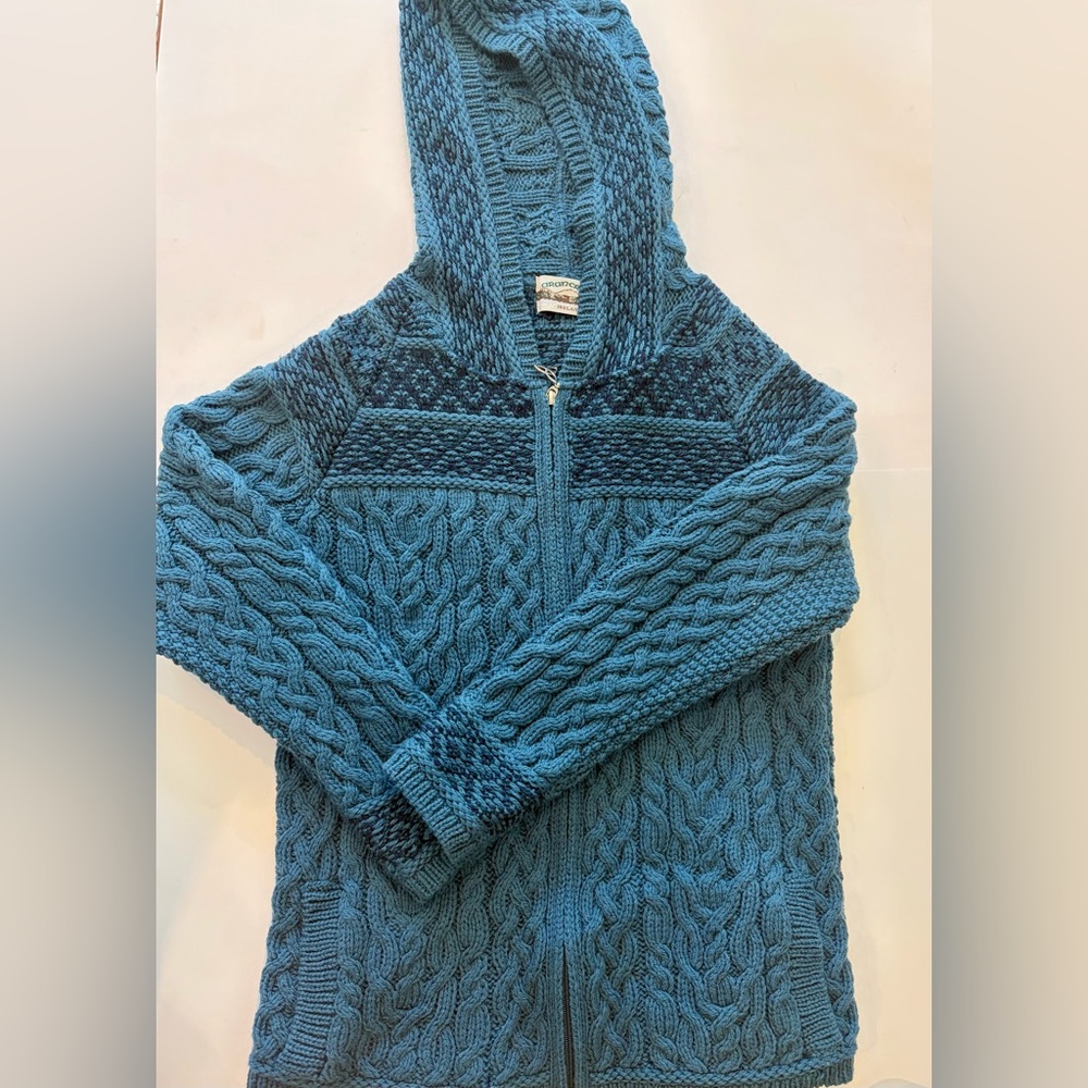 Aran Crafts Ireland Cable Knit Hoodie Sweater Womens M Blue Full Zip Chunky Wool